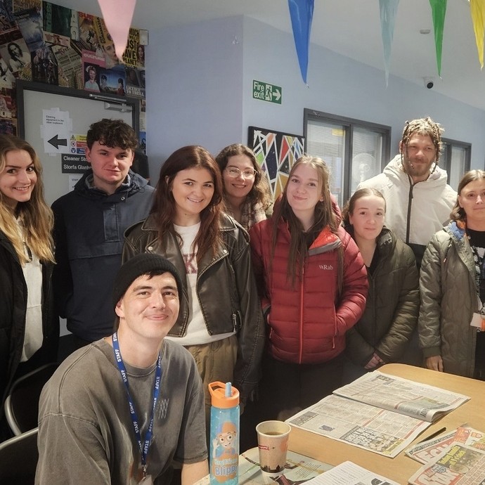 Group photo of students with clients from the Huggard Centre in Cardiff